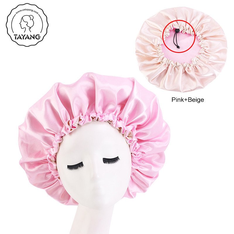 New Adjustable button Custom Logo Elastic Double Layer Adjustable Drawstring Ties For Women Design Satin Bonnet