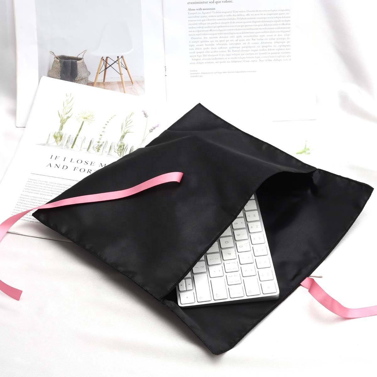 Custom Logo Printed Black Satin Envelope Hair Bundle Wig Bag With Tie Hair Extension Clothes Packing Dust Slik Pouch Bags