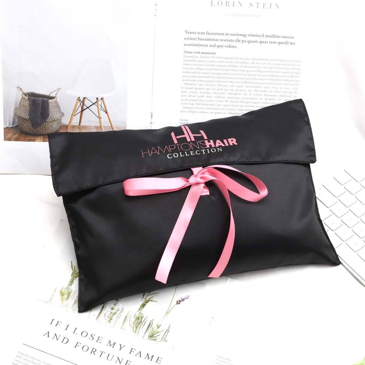 Custom Logo Printed Black Satin Envelope Hair Bundle Wig Bag With Tie Hair Extension Clothes Packing Dust Slik Pouch Bags