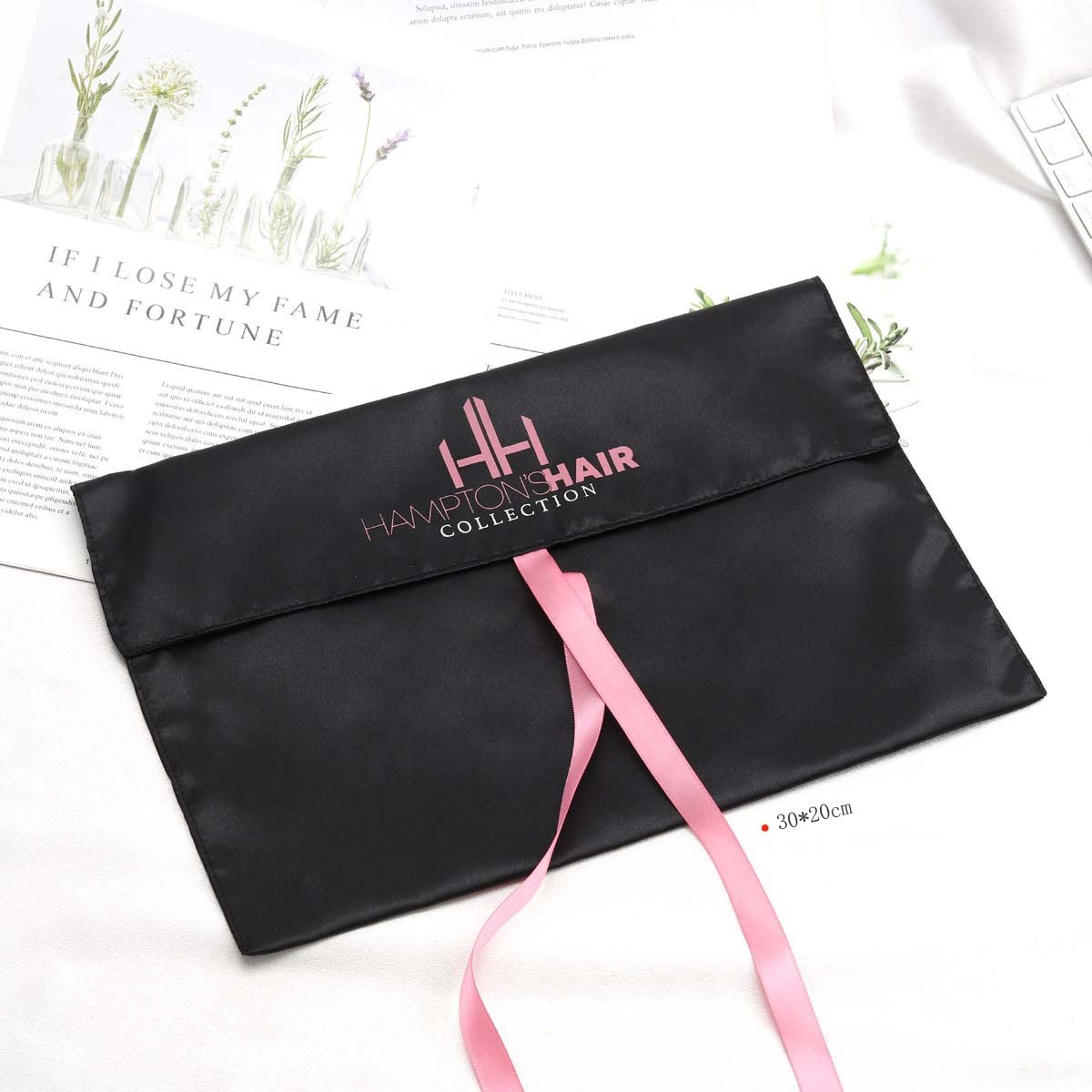 Custom Logo Printed Black Satin Envelope Hair Bundle Wig Bag With Tie Hair Extension Clothes Packing Dust Slik Pouch Bags