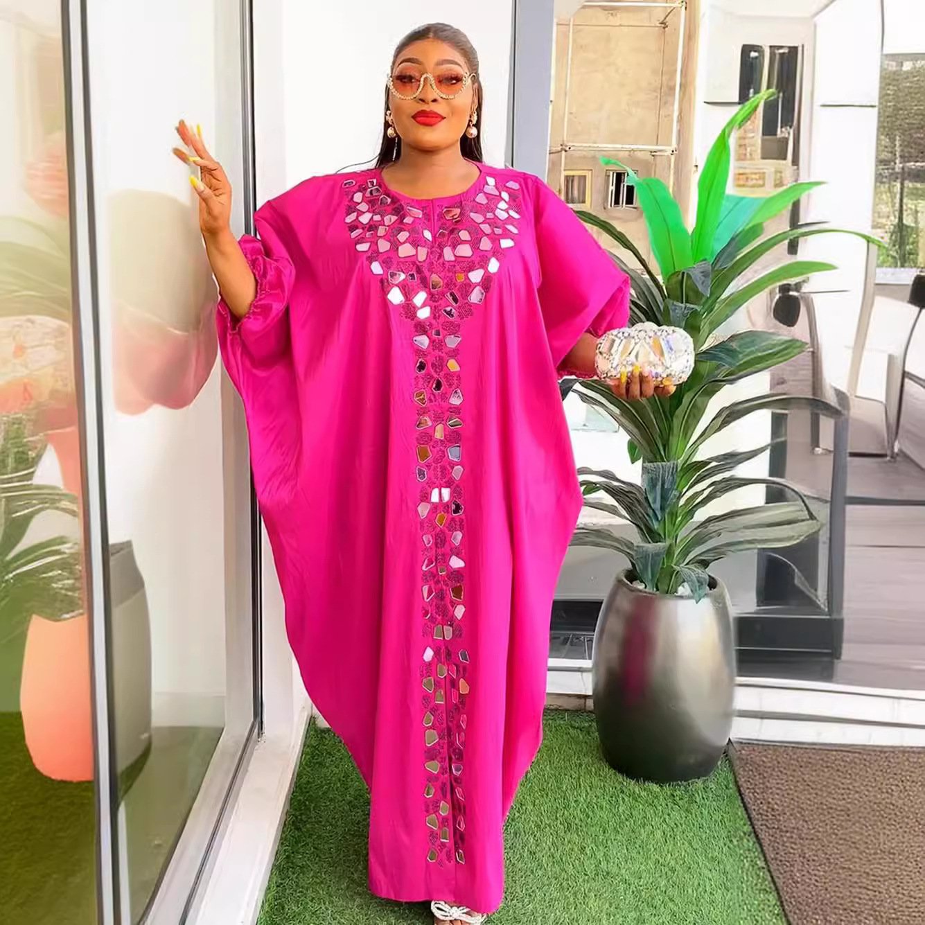 European and American cross-border supply hot diamond irregular patch dress African women's clothing large size loose robe