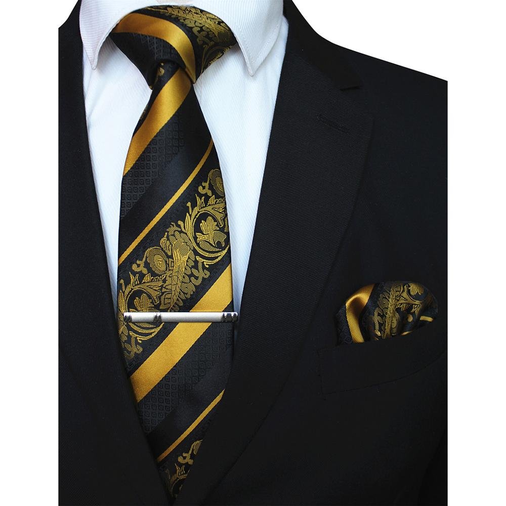 3PCS Men's Floral Tie Handkerchief Set Yellow Striped 8cm Necktie Pocket Square Tie Clip Red for Men Wedding Accessories