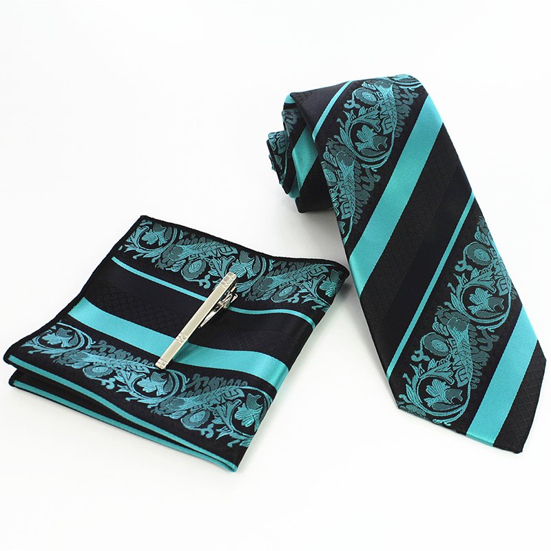 3PCS Men's Floral Tie Handkerchief Set Yellow Striped 8cm Necktie Pocket Square Tie Clip Red for Men Wedding Accessories
