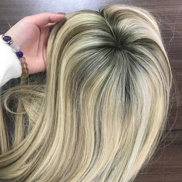 Stock Natural Human Hair Topper Black Blonde Highlight Color Silk Straight Mongolian Women Hair Topper