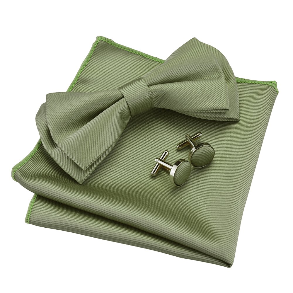 Mens Solid Color Mini Squares Formal Banded Pre-tied Bow Ties Pocket Square Cufflinks Set Wedding Party Business