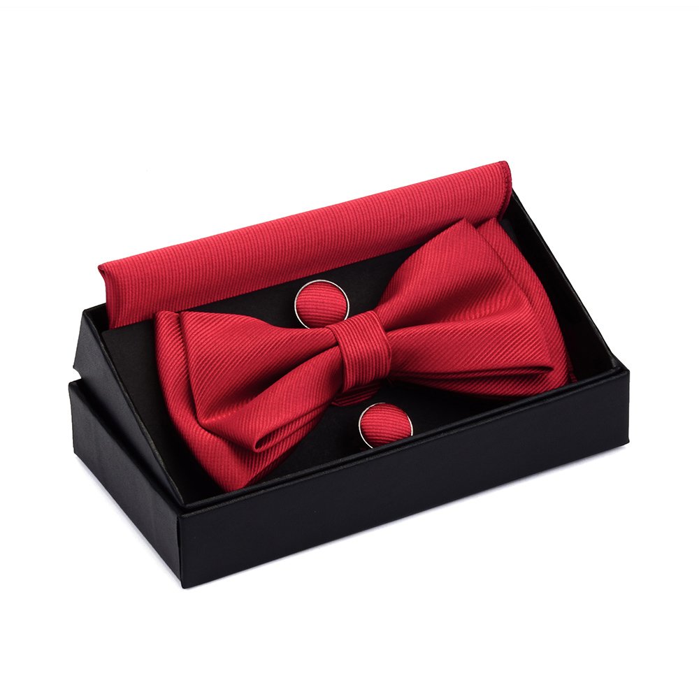 Mens Solid Color Mini Squares Formal Banded Pre-tied Bow Ties Pocket Square Cufflinks Set Wedding Party Business