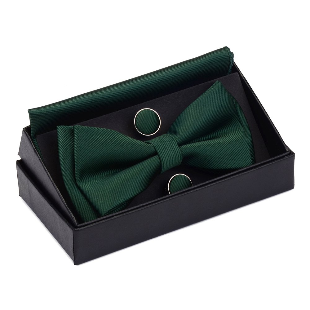Mens Solid Color Mini Squares Formal Banded Pre-tied Bow Ties Pocket Square Cufflinks Set Wedding Party Business