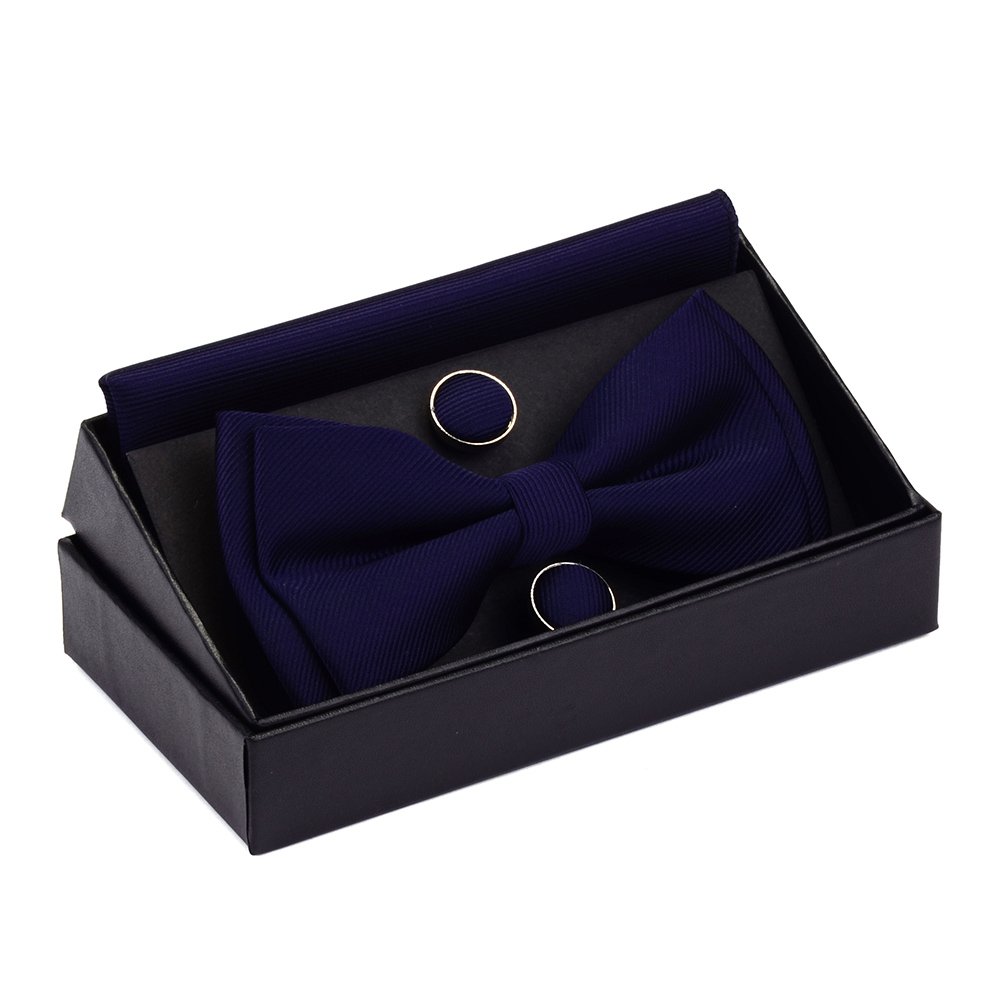 Mens Solid Color Mini Squares Formal Banded Pre-tied Bow Ties Pocket Square Cufflinks Set Wedding Party Business