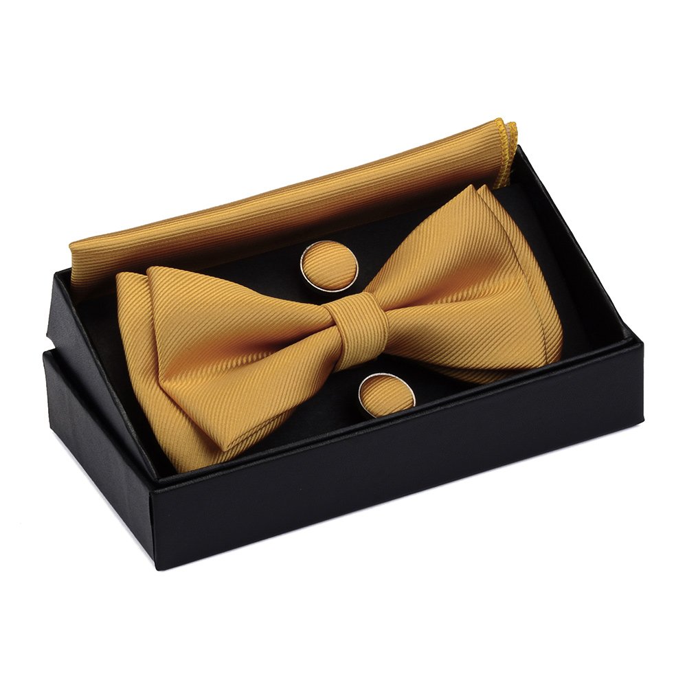 Mens Solid Color Mini Squares Formal Banded Pre-tied Bow Ties Pocket Square Cufflinks Set Wedding Party Business