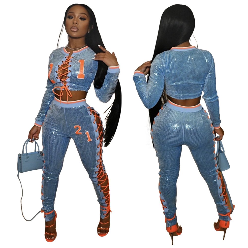 Sexy Lace Up 2 pc Outfit Crop Top Set Women Outfits Glitter Matching Set Womens Two Piece Outfit Pants Set Women Clothing