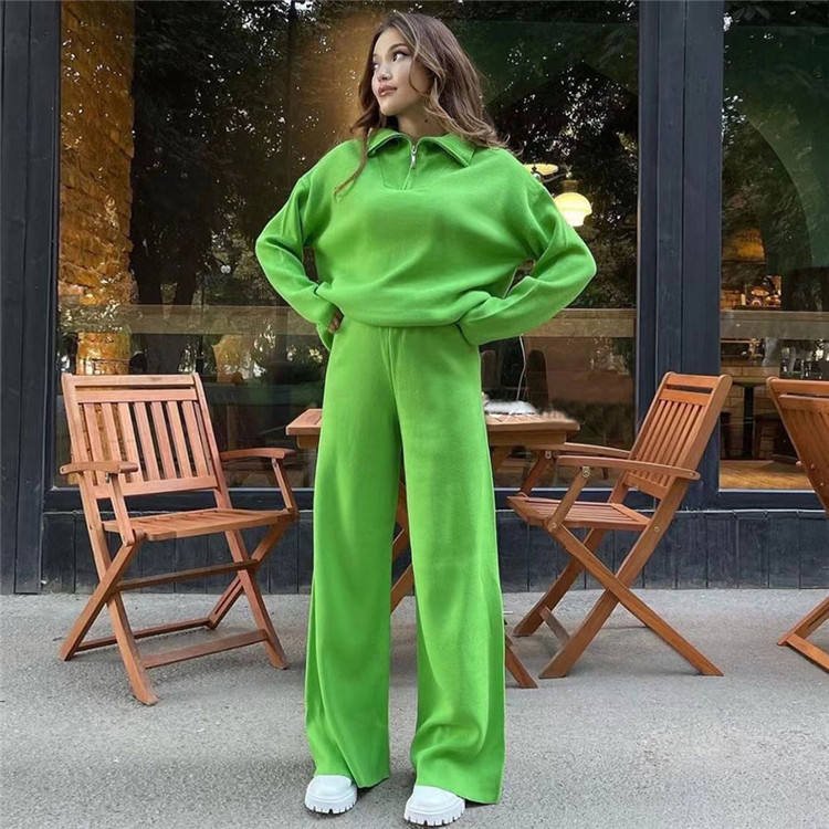 Custom knitwear Winter 2023 Fashion Casual POLO Collar Loose Long Pants clothing 2 piece Knitted Women's Two-piece Sweater Set