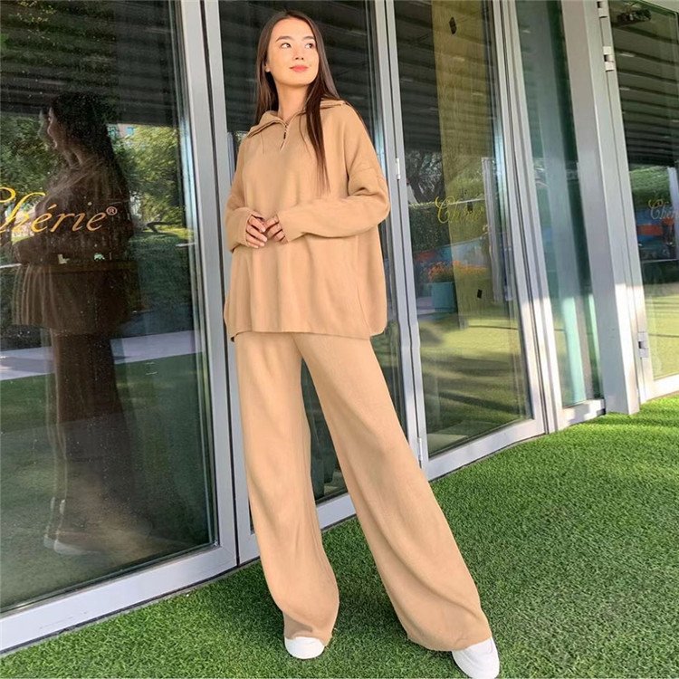 Custom knitwear Winter 2023 Fashion Casual POLO Collar Loose Long Pants clothing 2 piece Knitted Women's Two-piece Sweater Set