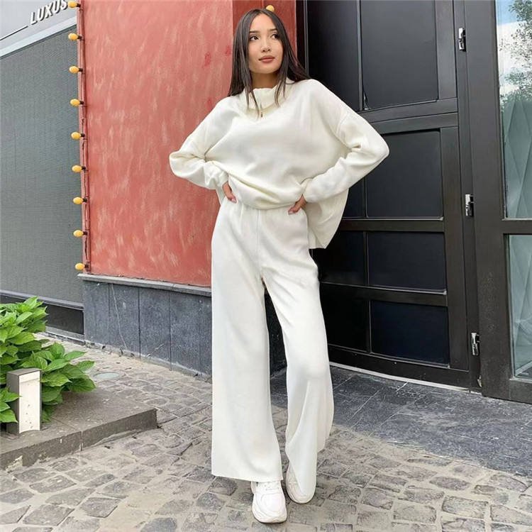Custom knitwear Winter 2023 Fashion Casual POLO Collar Loose Long Pants clothing 2 piece Knitted Women's Two-piece Sweater Set