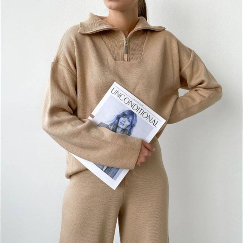 Custom knitwear Winter 2023 Fashion Casual POLO Collar Loose Long Pants clothing 2 piece Knitted Women's Two-piece Sweater Set