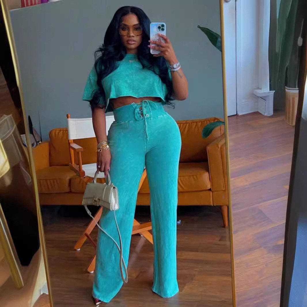 Peeqi TW479 Tie dye shirt tops and strap bandage straight pants casual 2 piece streetwear plus size two piece set women clothing