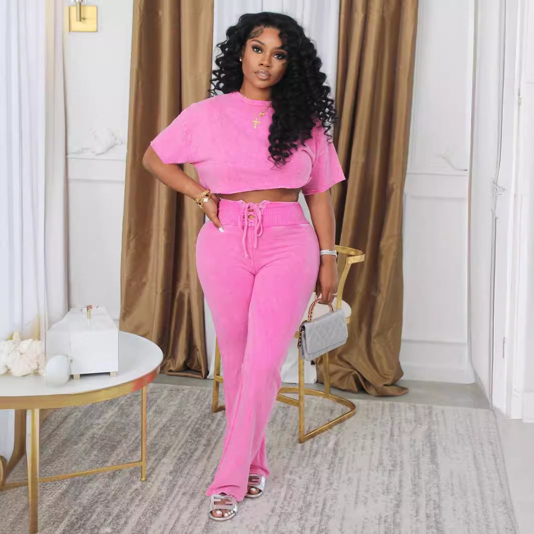 Peeqi TW479 Tie dye shirt tops and strap bandage straight pants casual 2 piece streetwear plus size two piece set women clothing