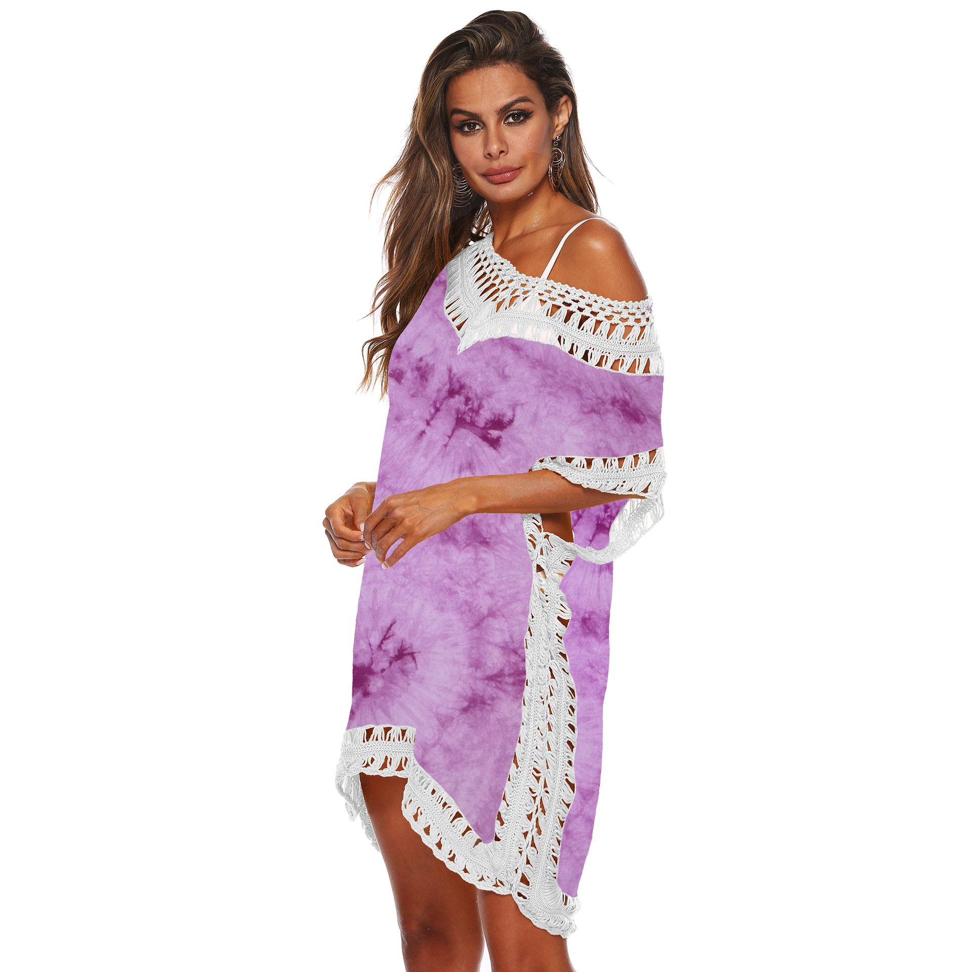 Women Popular Tie Dye Color Hand Hook Patchwork V Neck Beach Cover Up Dress