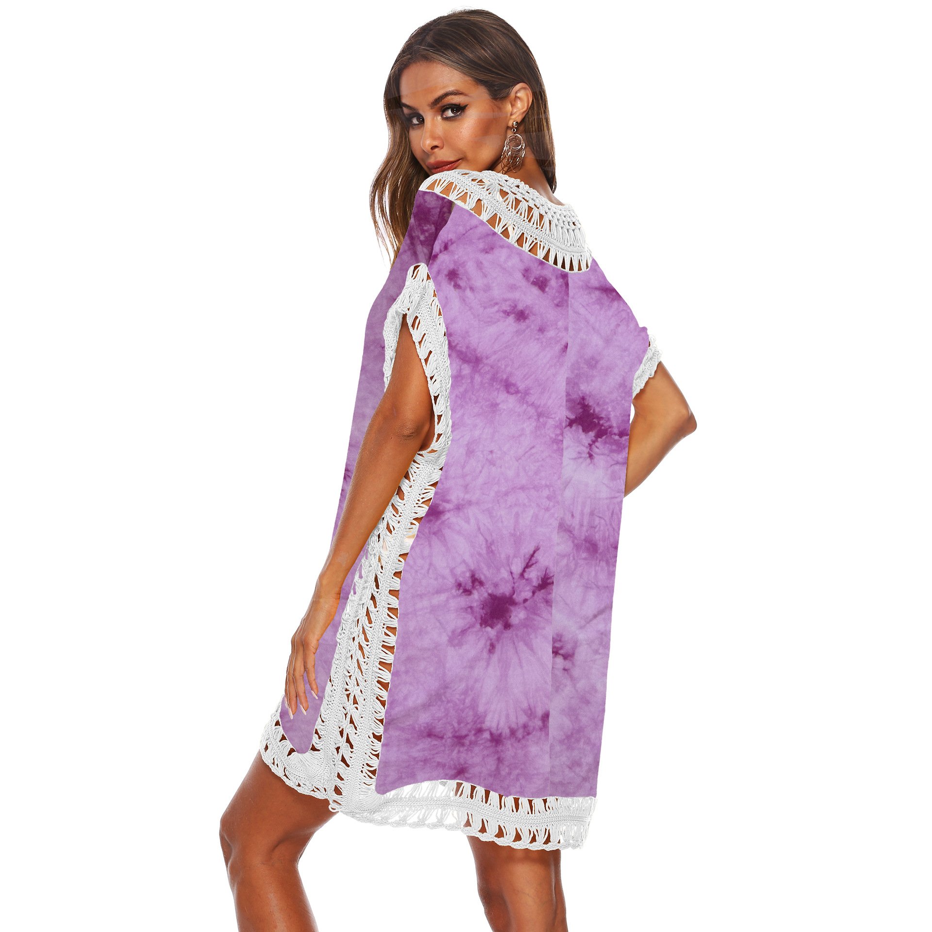 Women Popular Tie Dye Color Hand Hook Patchwork V Neck Beach Cover Up Dress