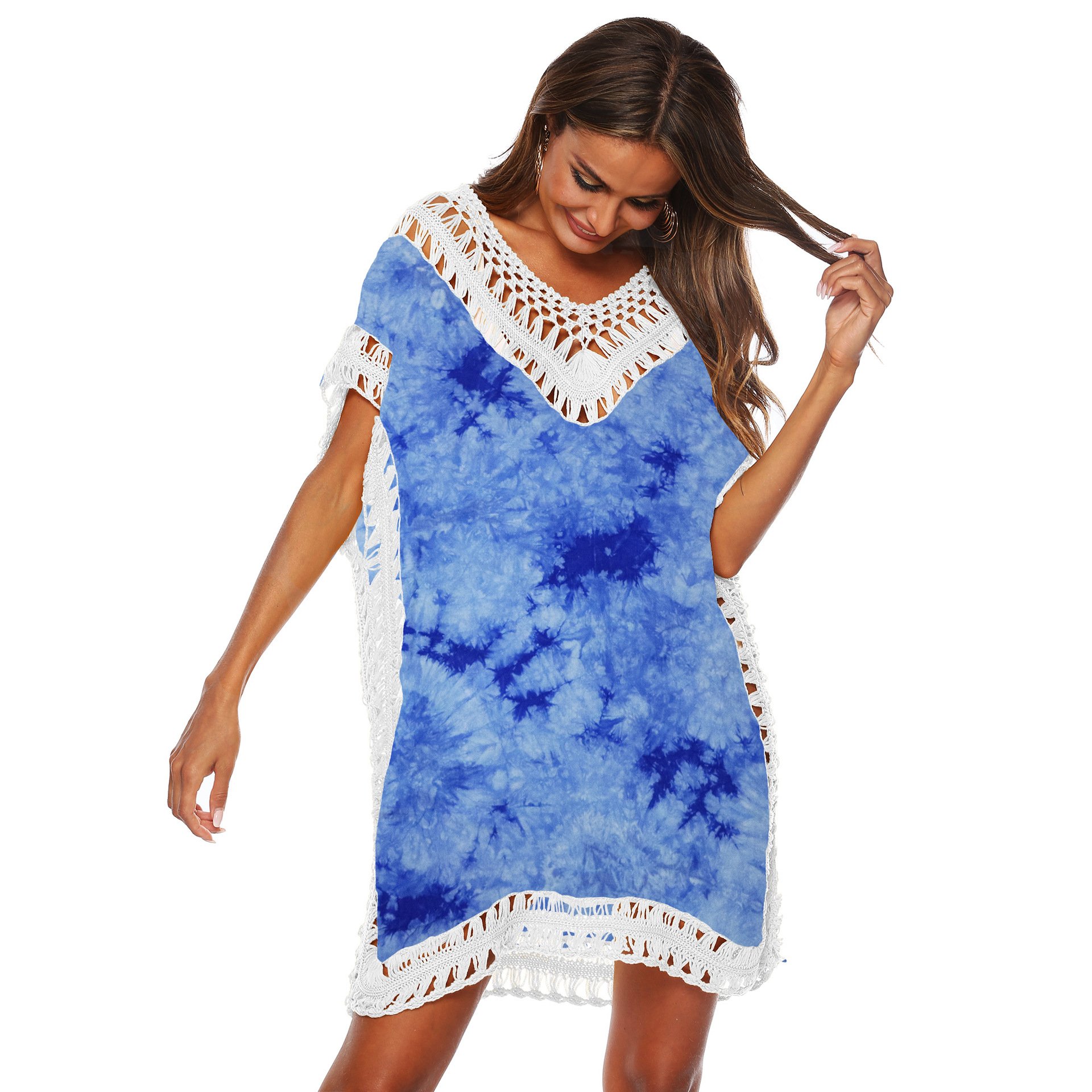 Women Popular Tie Dye Color Hand Hook Patchwork V Neck Beach Cover Up Dress
