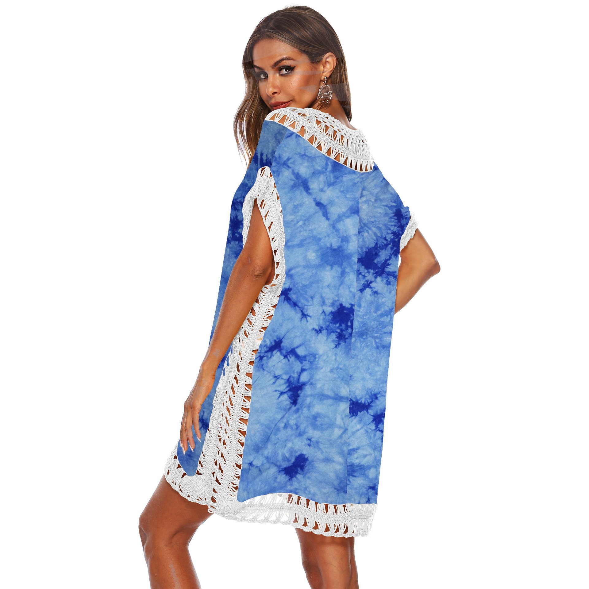 Women Popular Tie Dye Color Hand Hook Patchwork V Neck Beach Cover Up Dress