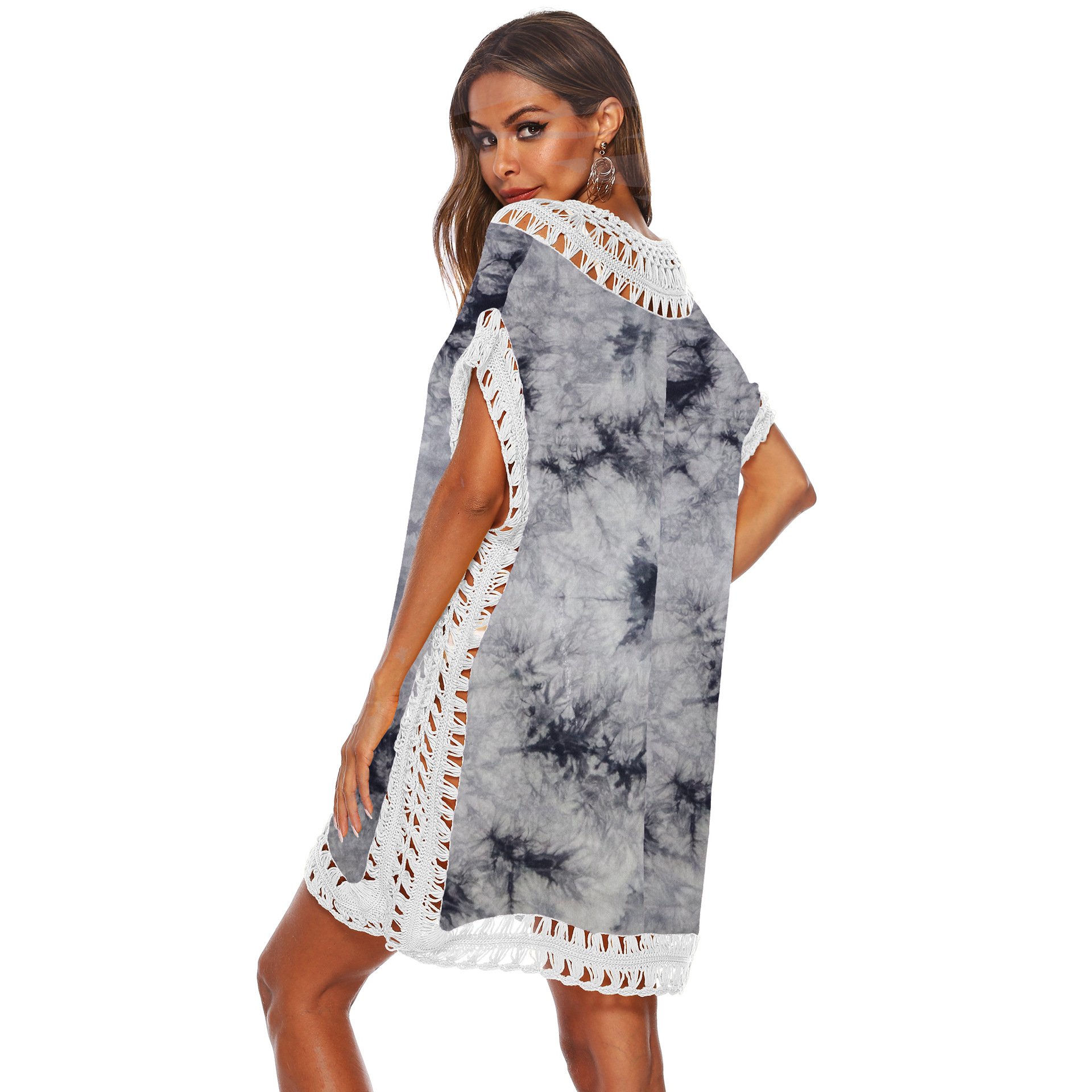 Women Popular Tie Dye Color Hand Hook Patchwork V Neck Beach Cover Up Dress
