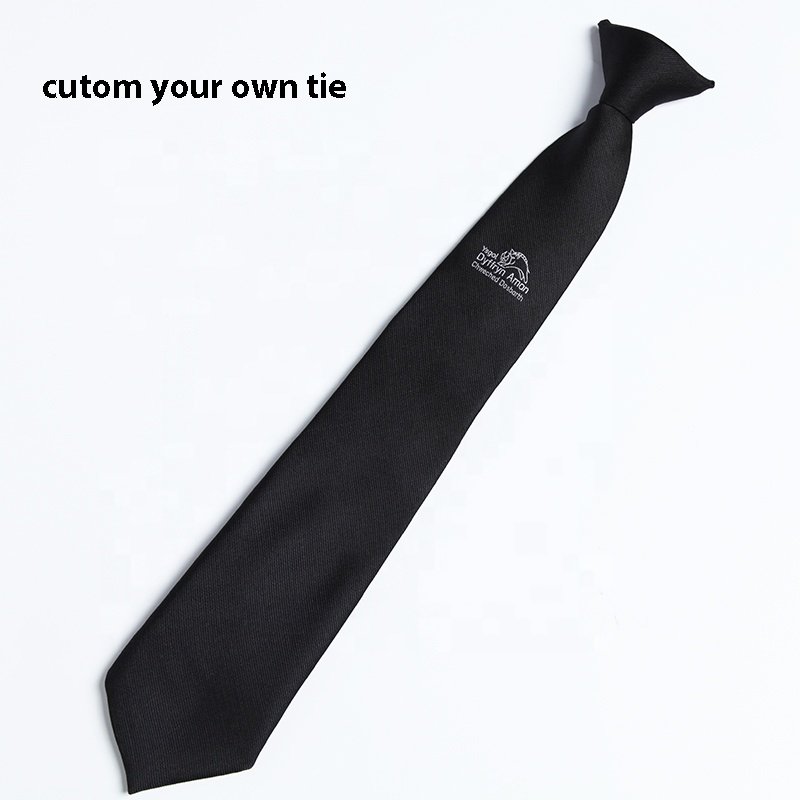 Men's custom your logo uniform clip on tie neck bow ties school polyester tied neckties black woven jacquard for student