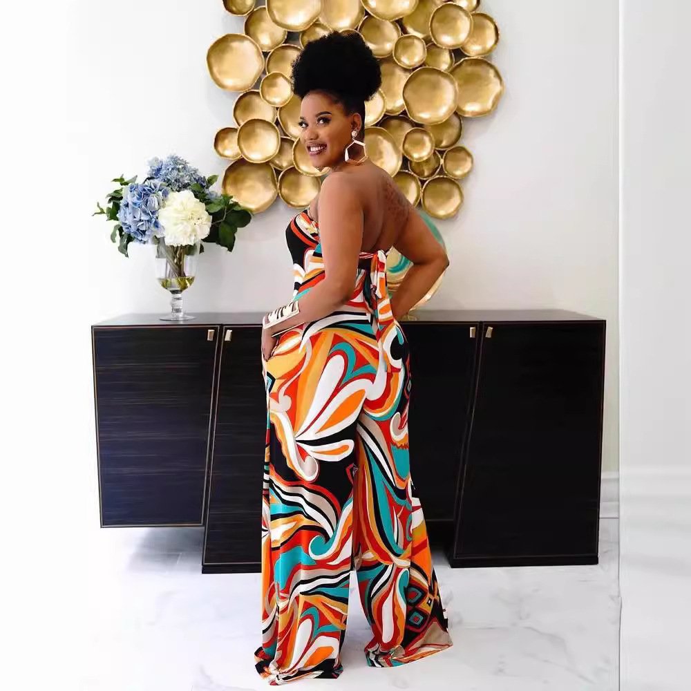 summer Women clothing ladies loose casual fashion printing jumpsuit tube top women's wide leg jumpsuits