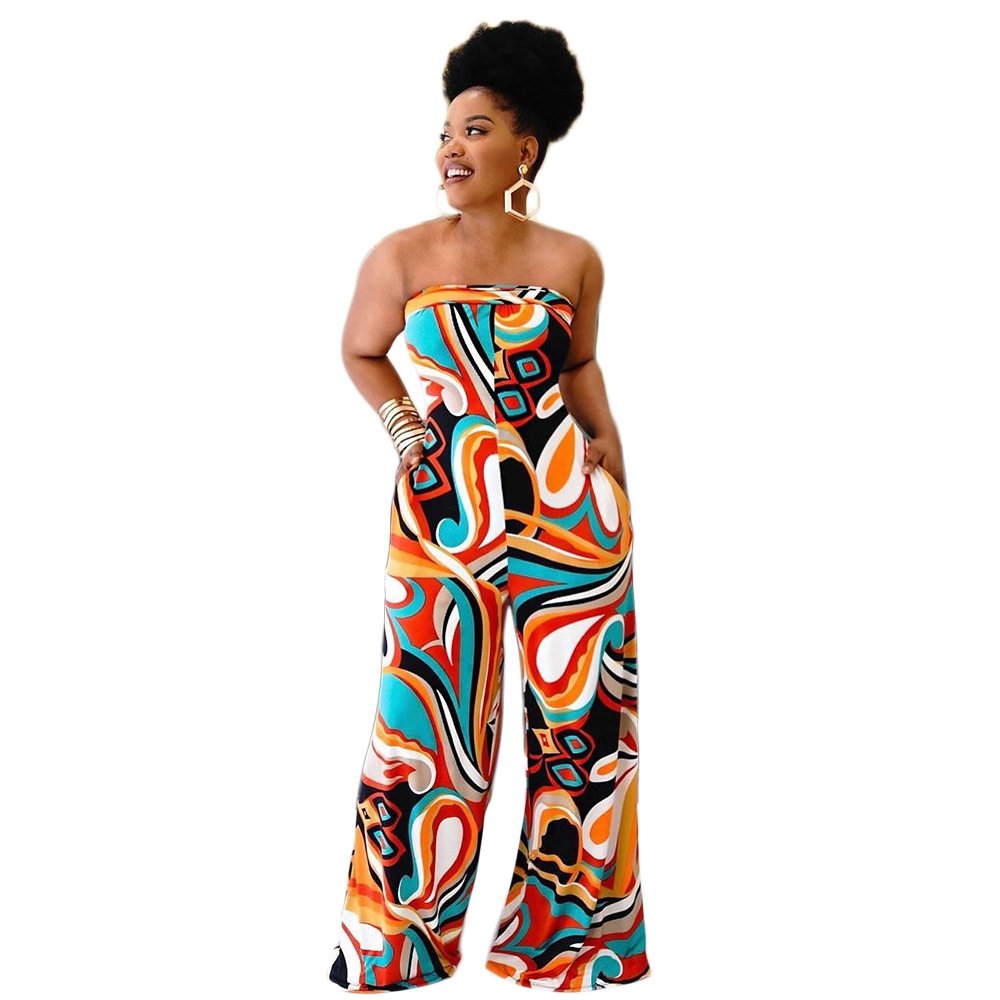 summer Women clothing ladies loose casual fashion printing jumpsuit tube top women's wide leg jumpsuits