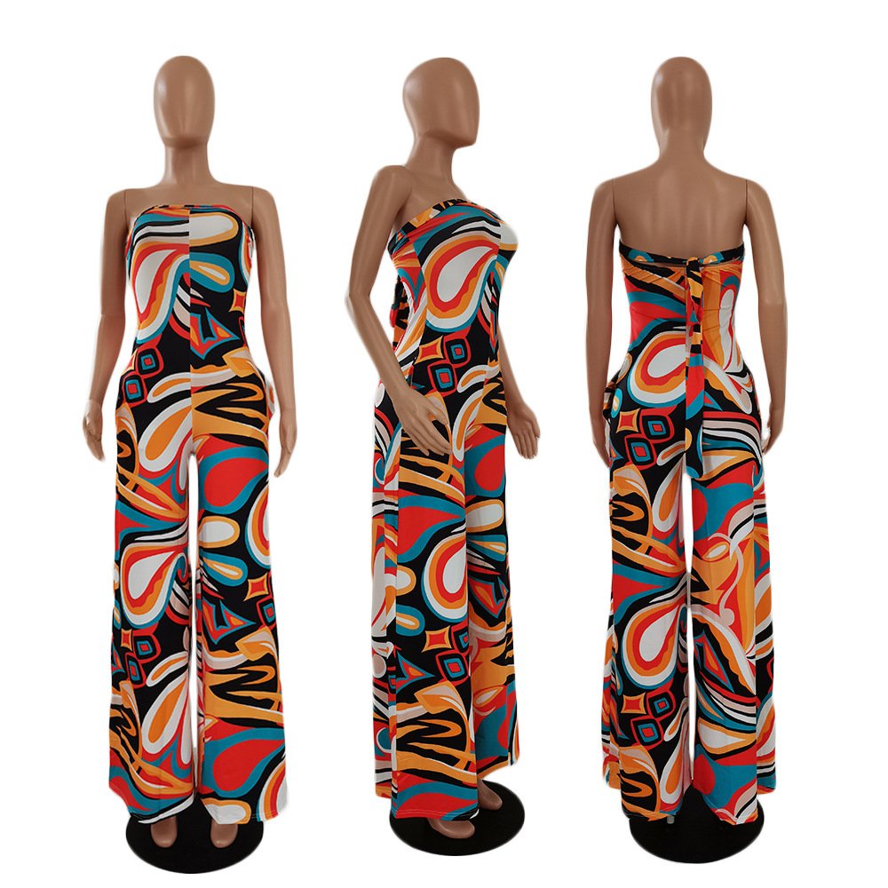 summer Women clothing ladies loose casual fashion printing jumpsuit tube top women's wide leg jumpsuits