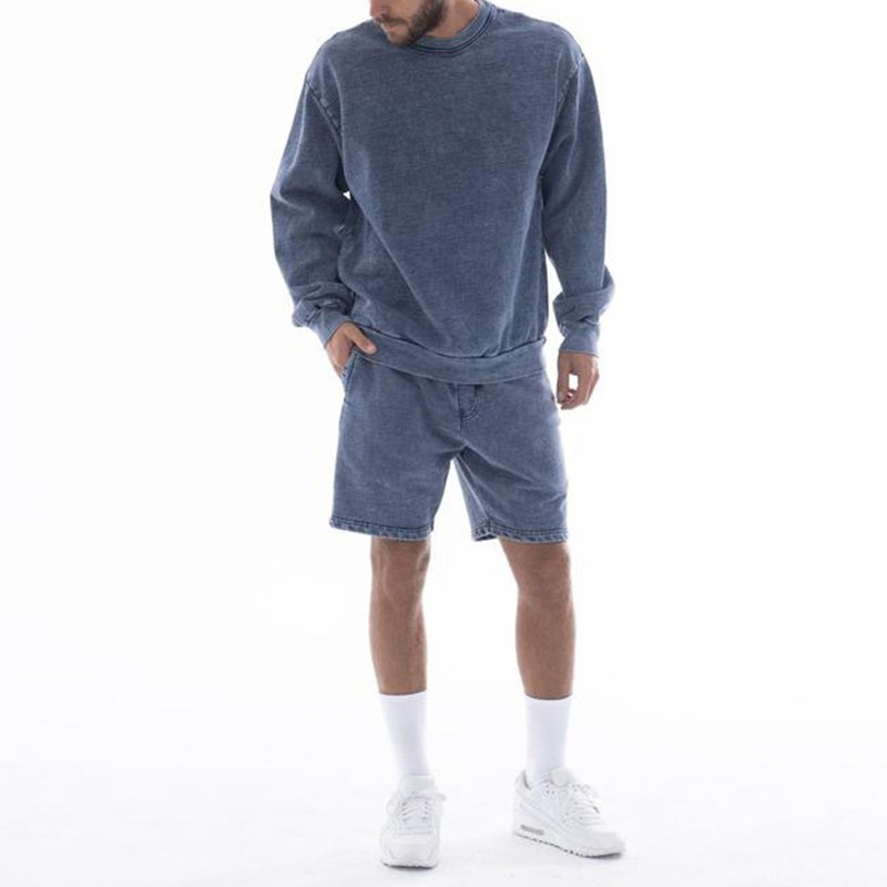 Acid Wash Men 2 Piece Short Set Sportswear Crew Neck Custom Tracksuits Summer Shorts And Hoodie Jogger Set
