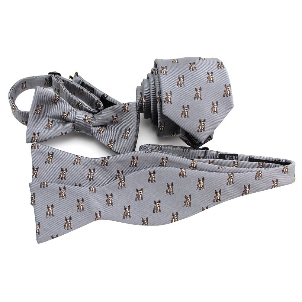 China Wholesale Necktie Self Tie Bow Tie Polyester Microfiber Woven Custom Repetitive Bulldog Neck Tie Animal Motif For Men