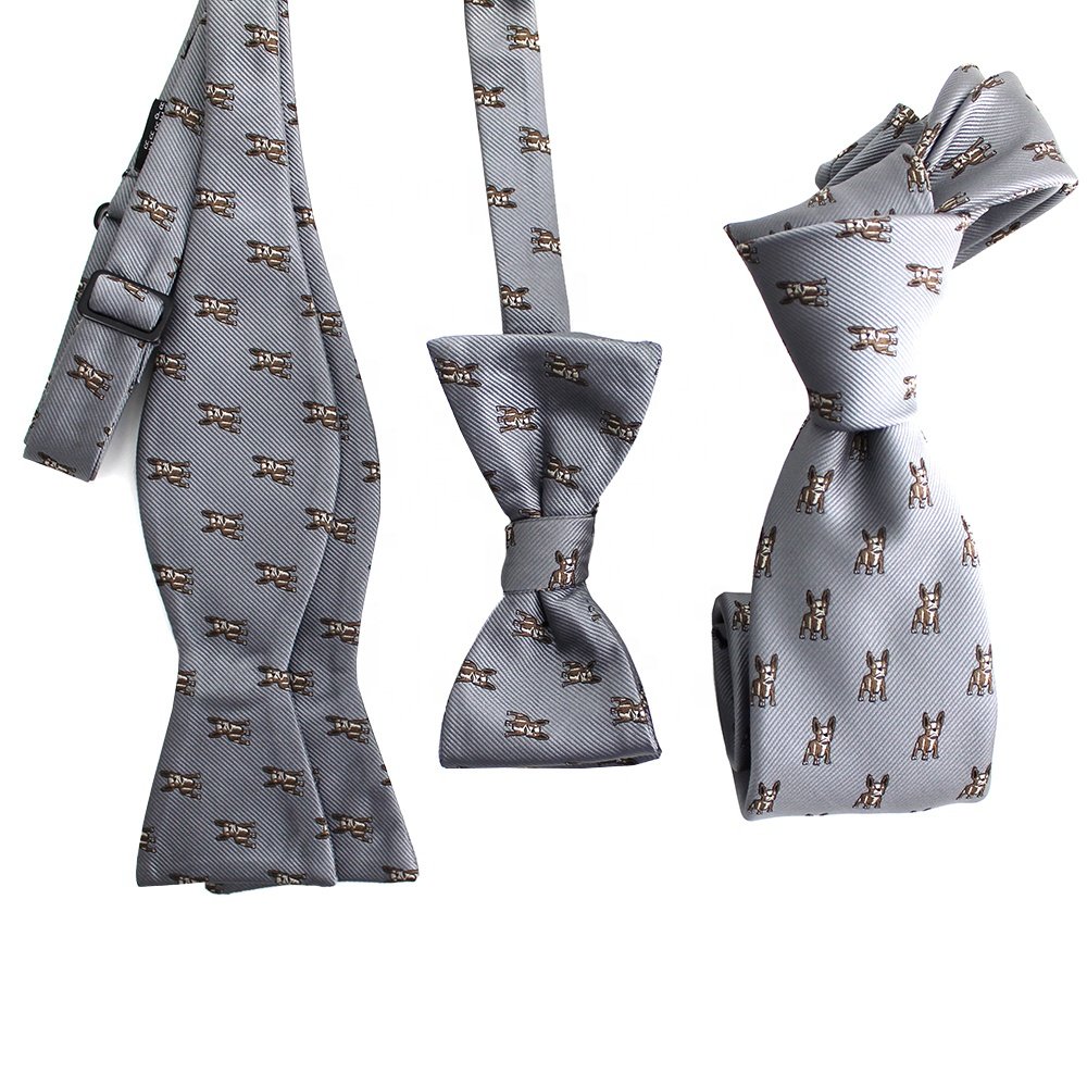 China Wholesale Necktie Self Tie Bow Tie Polyester Microfiber Woven Custom Repetitive Bulldog Neck Tie Animal Motif For Men