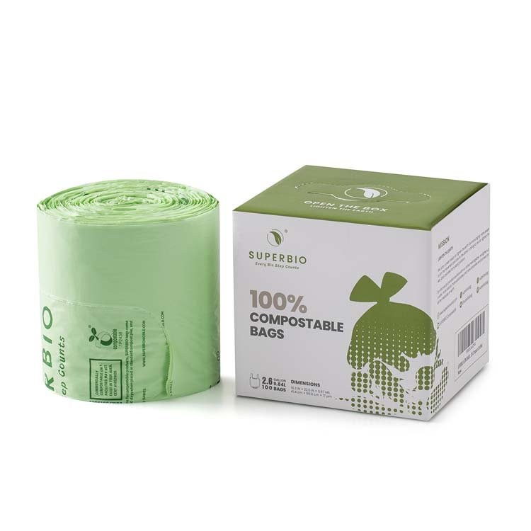 Eco friendly 100% biodegradable bathroom bags handle tie compostable garbage bags 2.6 gallon 100 pcs per box