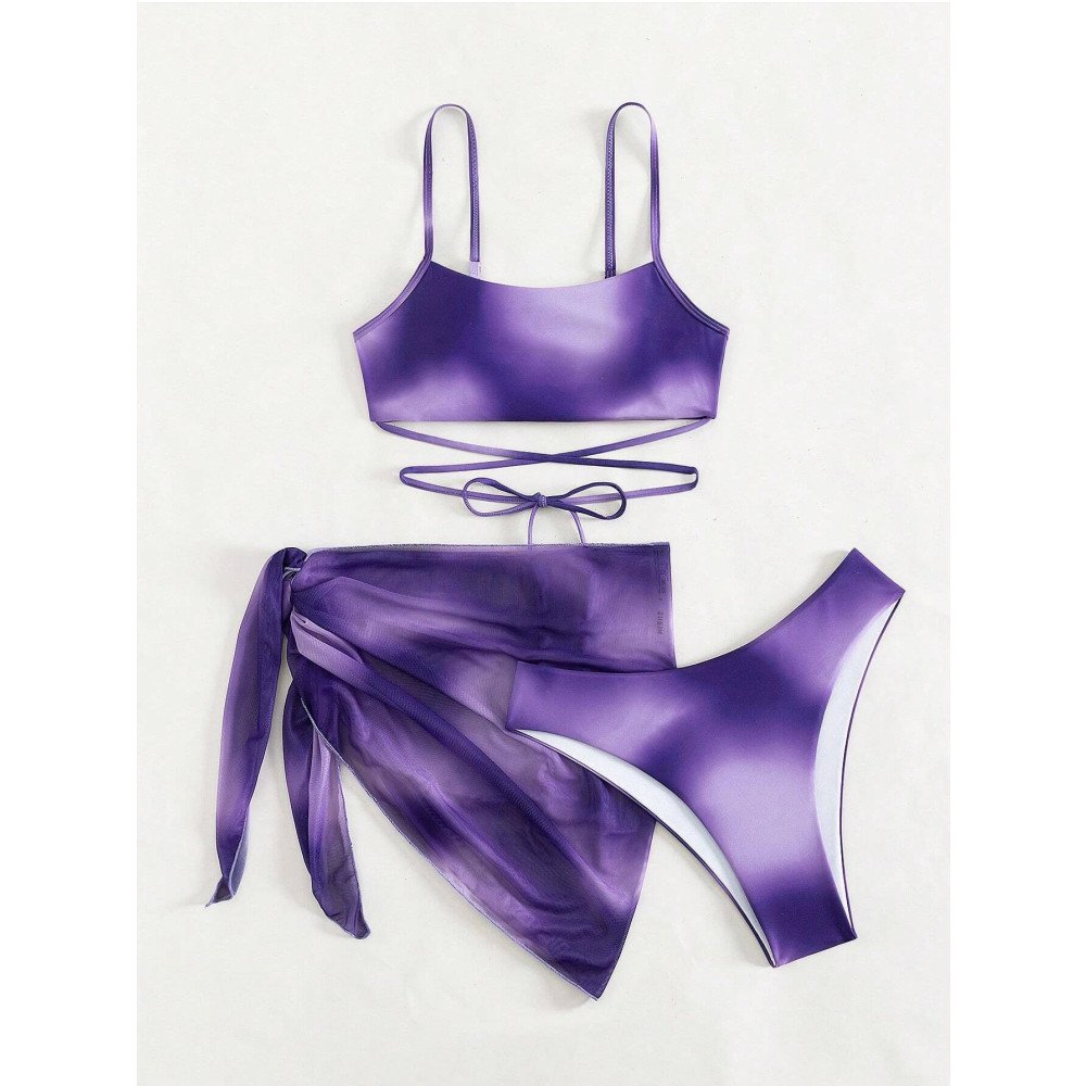 Women's Sexy Tie-Dye Print 3-Piece Swimsuit Quick Dry Breathable Triangle Micro Bikini String Halter Bathing Suit Low Waist