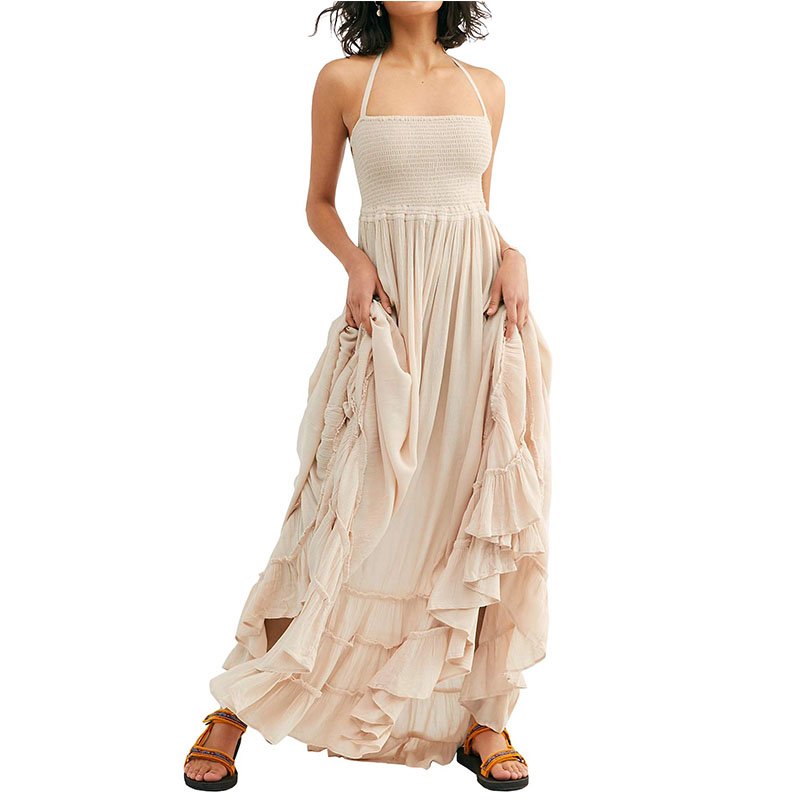 Halterneck Slip Sleeveless Crinkly Strapless Boho Summer Beach Maxi Long Dress Halter Tie Beach Dresses Low Casual Strappy Back