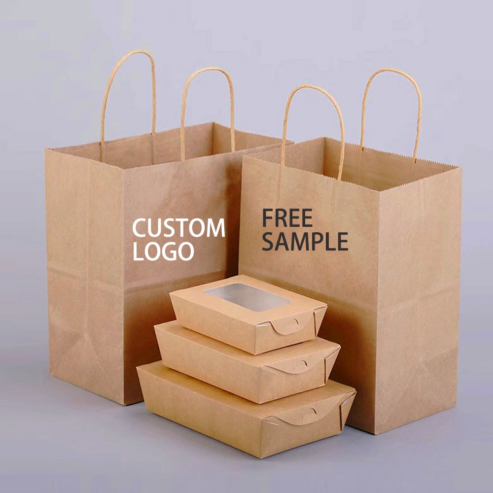 Custom your own logo printed eco Recyclable white black craft restaurant coffee food takeout delivery brown kraft paper bag