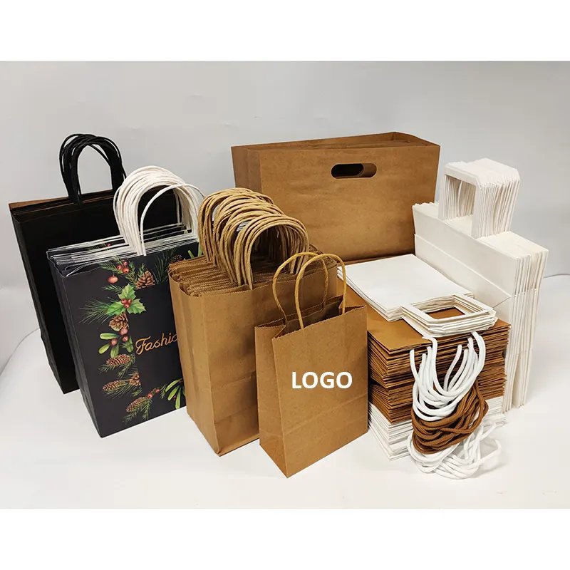 Custom your own logo printed eco Recyclable white black craft restaurant coffee food takeout delivery brown kraft paper bag