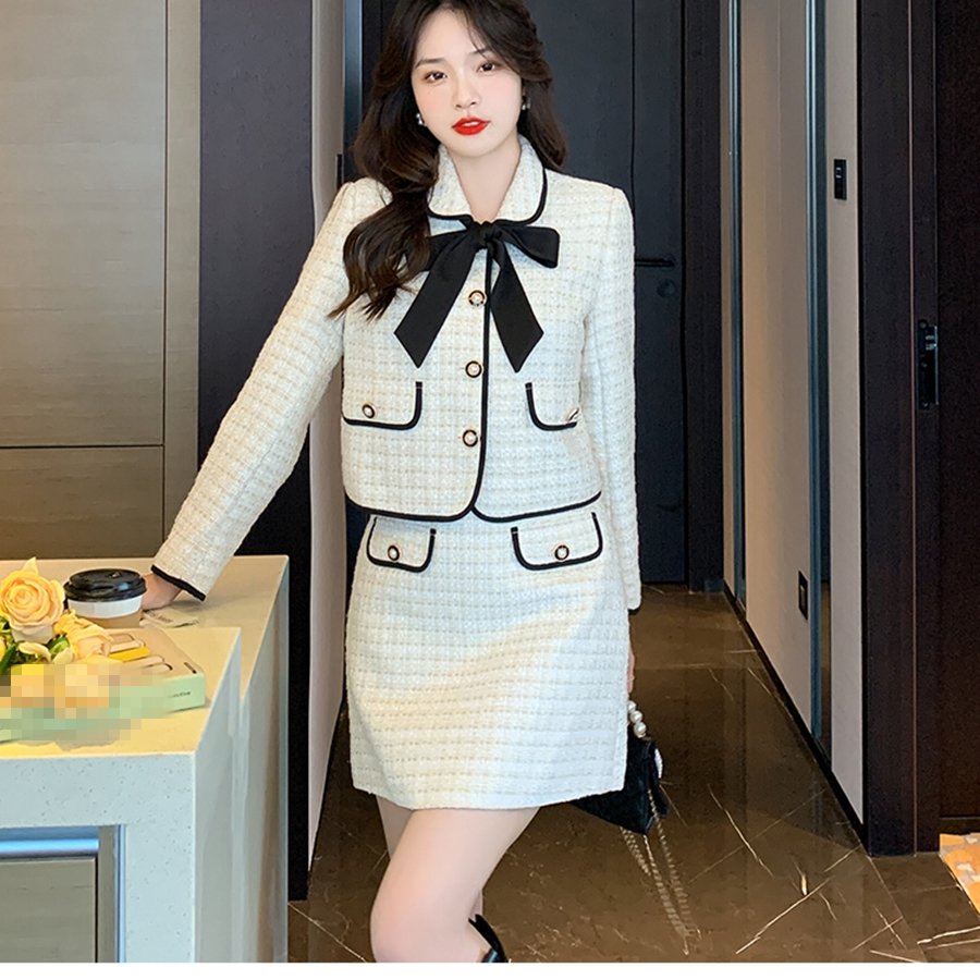 Fashion Set Autumn New Fashionable Bow Tie Short Coat Half Skirt Two Piece Dress