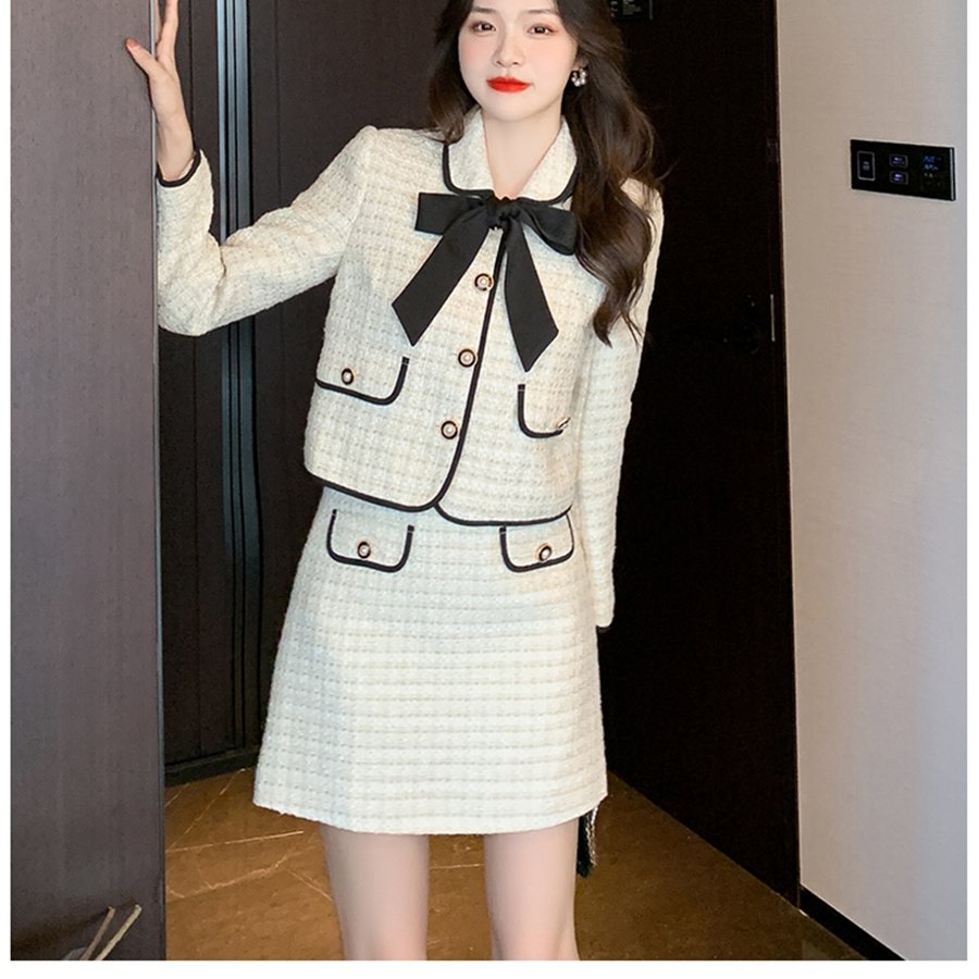 Fashion Set Autumn New Fashionable Bow Tie Short Coat Half Skirt Two Piece Dress