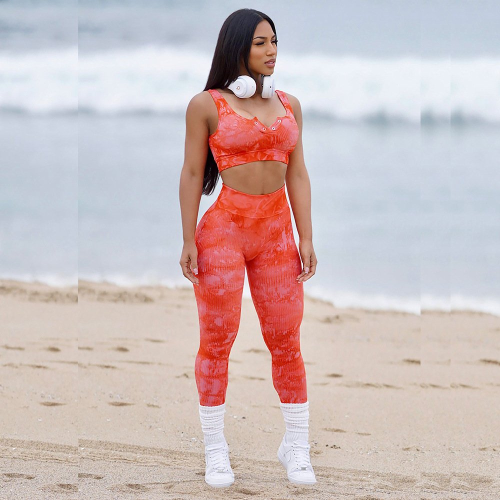 Customized Logo 2 Piece Short Set Women Printing Adults Sports Bra Tie Dye Leggings Seamless Yoga Sets