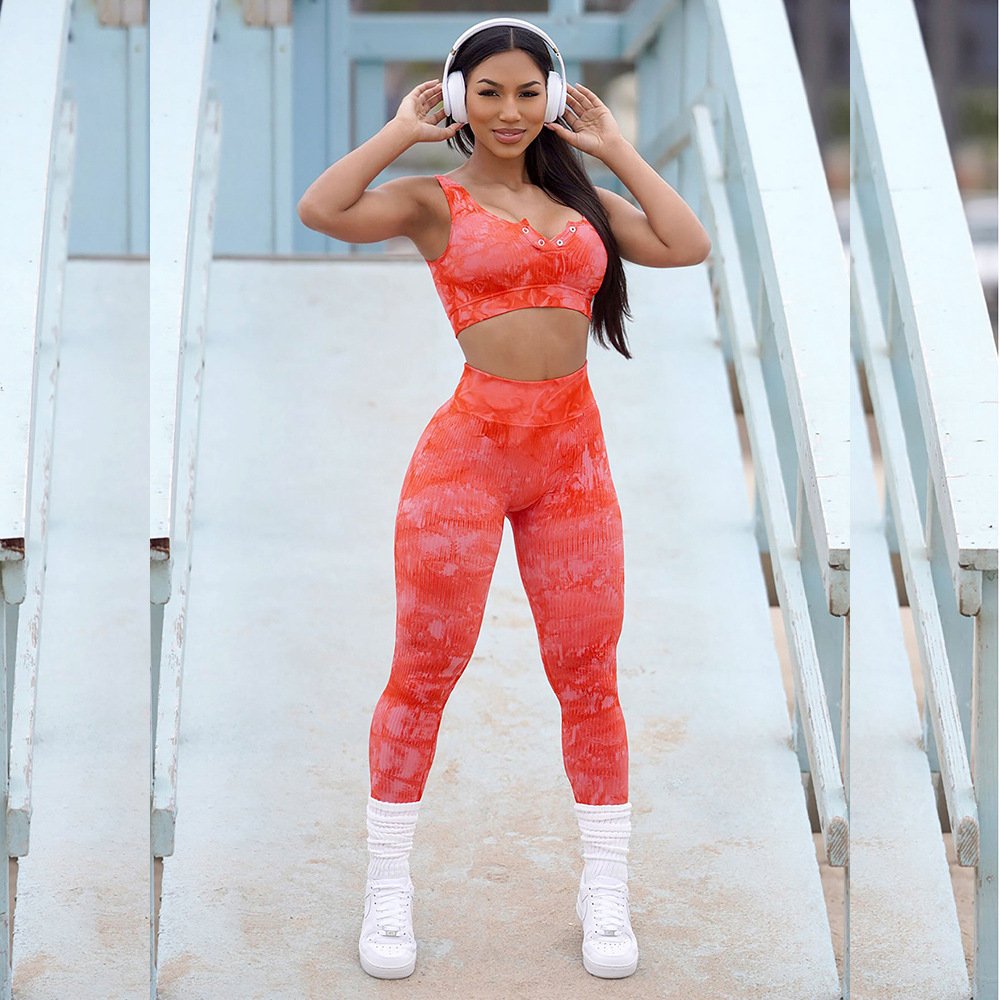 Customized Logo 2 Piece Short Set Women Printing Adults Sports Bra Tie Dye Leggings Seamless Yoga Sets