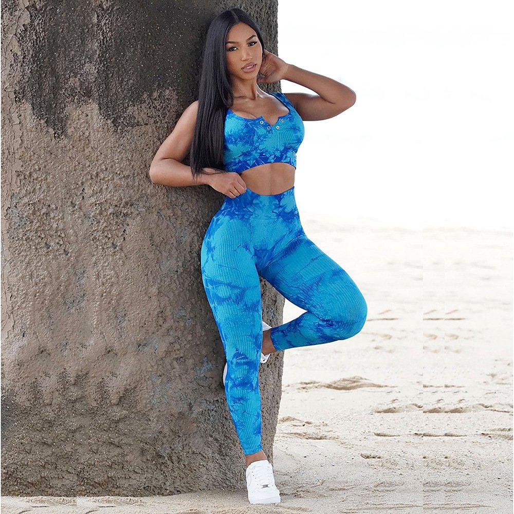Customized Logo 2 Piece Short Set Women Printing Adults Sports Bra Tie Dye Leggings Seamless Yoga Sets