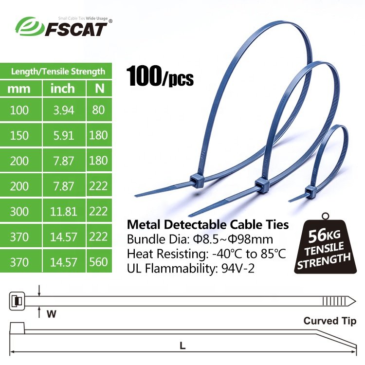 FSCAT 7.6*370mm Various specifications of Metal Detectable Cable Zip Ties PA66 cable Tie Wrap easy to see