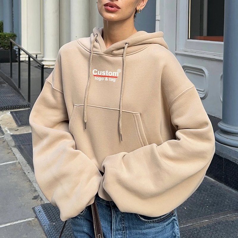 Custom Factory for Women's Drop Shoulder & Crop Hoodie Gym Sweatshirt With Loose Fit Long Sleeve Pullover Athletic Cropped Tops