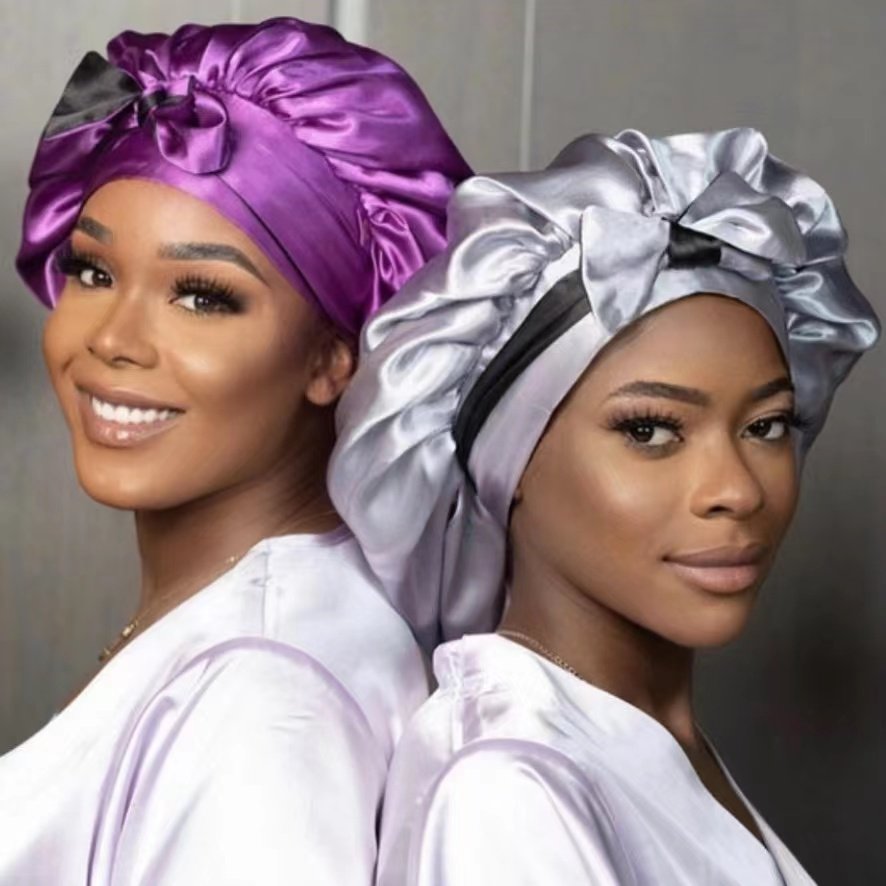 double layer sleeping bonnets and satin hair wraps long tie band silk hair bonnets wholesale custom logo silk bonnets