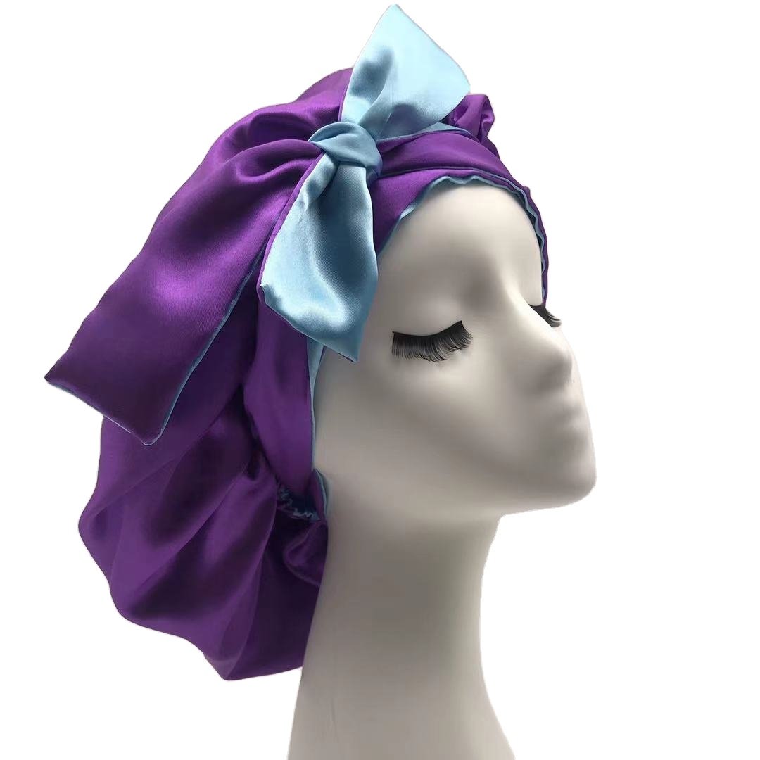double layer sleeping bonnets and satin hair wraps long tie band silk hair bonnets wholesale custom logo silk bonnets