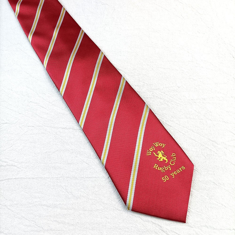 Polyester Necktie Rugby Club Custom Logo Red Tie White Stripe And Gold Logo
