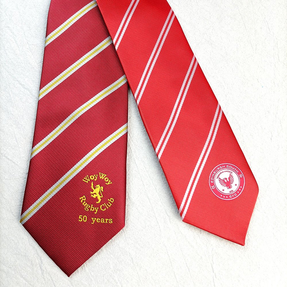 Polyester Necktie Rugby Club Custom Logo Red Tie White Stripe And Gold Logo