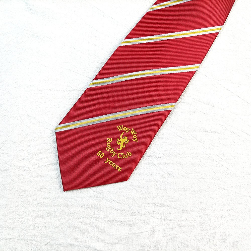 Polyester Necktie Rugby Club Custom Logo Red Tie White Stripe And Gold Logo