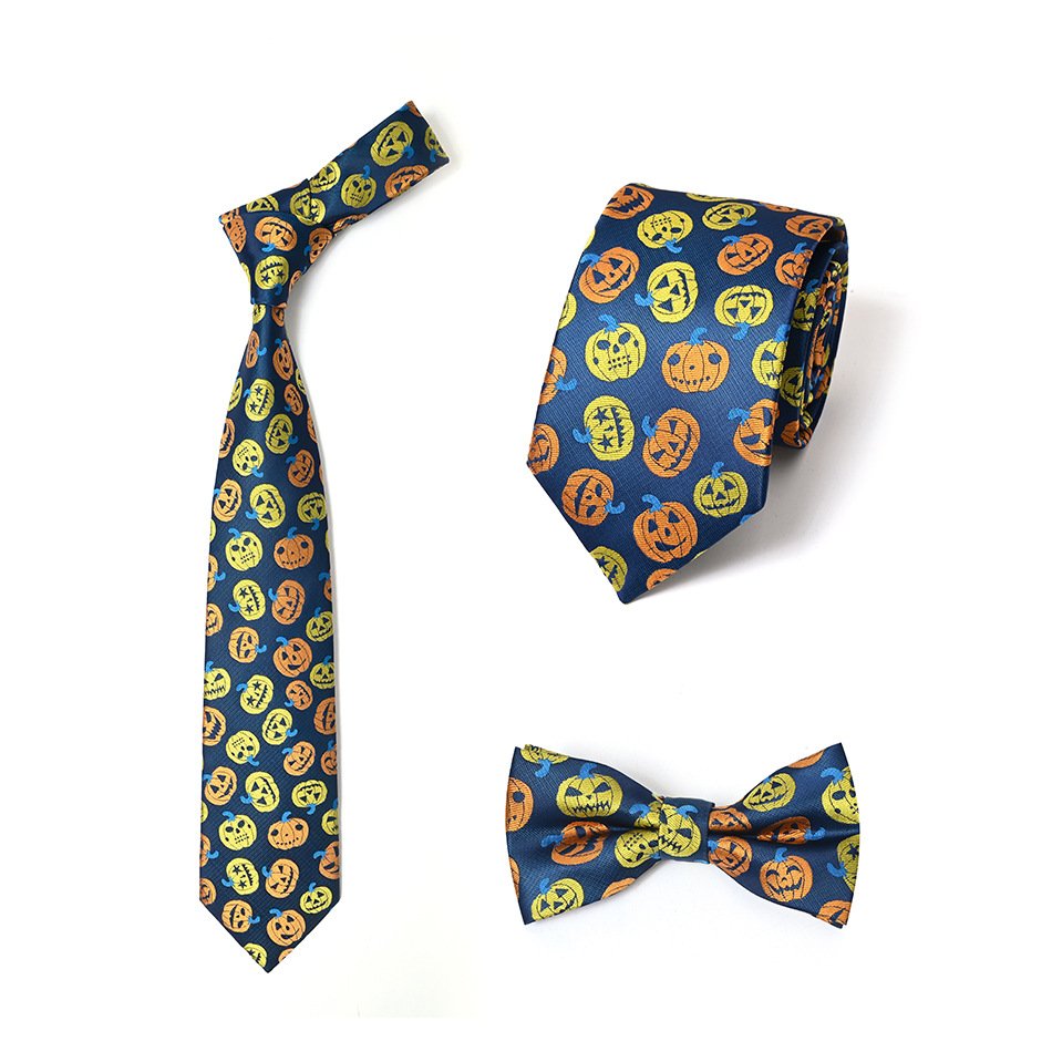 Hot selling Cross-border new Halloween tie bow tie for men polyester silk multi-color pumpkin head pattern gift tie set